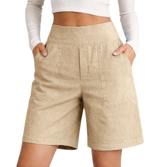 Women's Bermuda Long Shorts with Pockets High Waisted Stretch Knee Length Shorts for Women for Women Walking Workout Casual Summer Golf Shorts Migroa Beige L