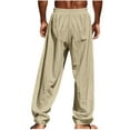 thumbnail image 3 of Linen Pants Mens Plain Cotton Linen Trousers Casual Lightweight Yoga Beach Pants with Pockets Solid Color Summer Straight Leg Pants Full Length Elasticated Waist Bottoms M-3XL, 3 of 7