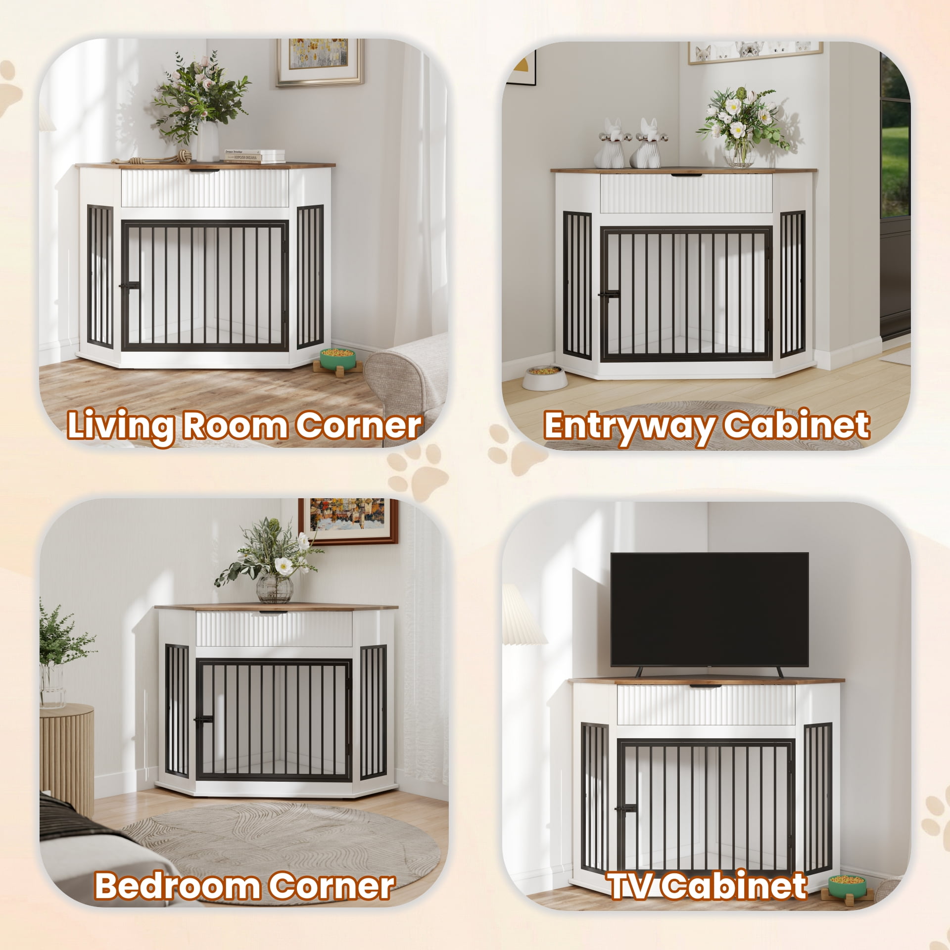 Aukfa Corner Dog Crate Furniture, Small to Medium Dog Kennel with Fluted Drawer for Home Indoor,White