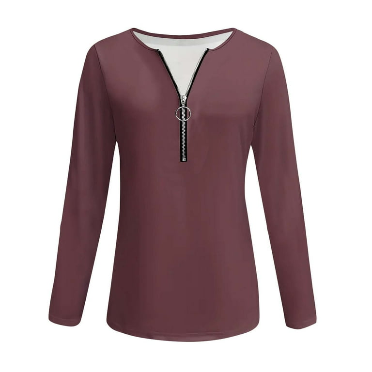 Olyvenn Women's Long Sleeve T Shirts Crew Neck Zipper Solid