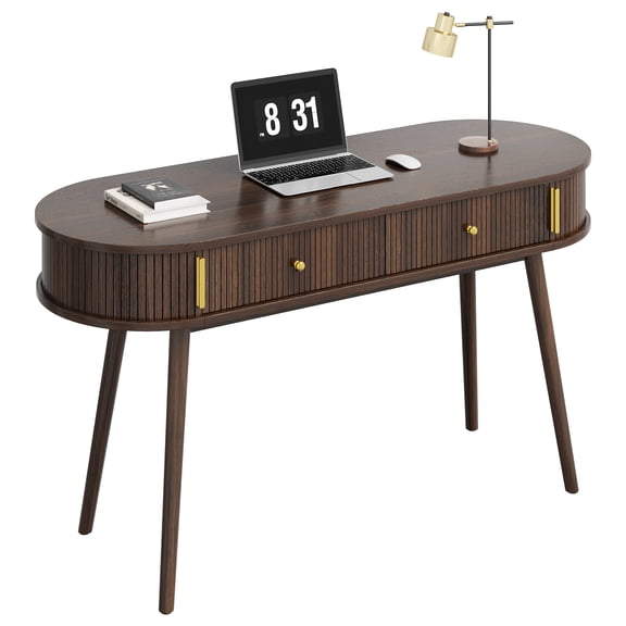 PYY Modern 55" Computer Desk with 2 Drawers, Small Laptop Writing Desk for Home Office, Work & Study, Built-In Storage - Walnut