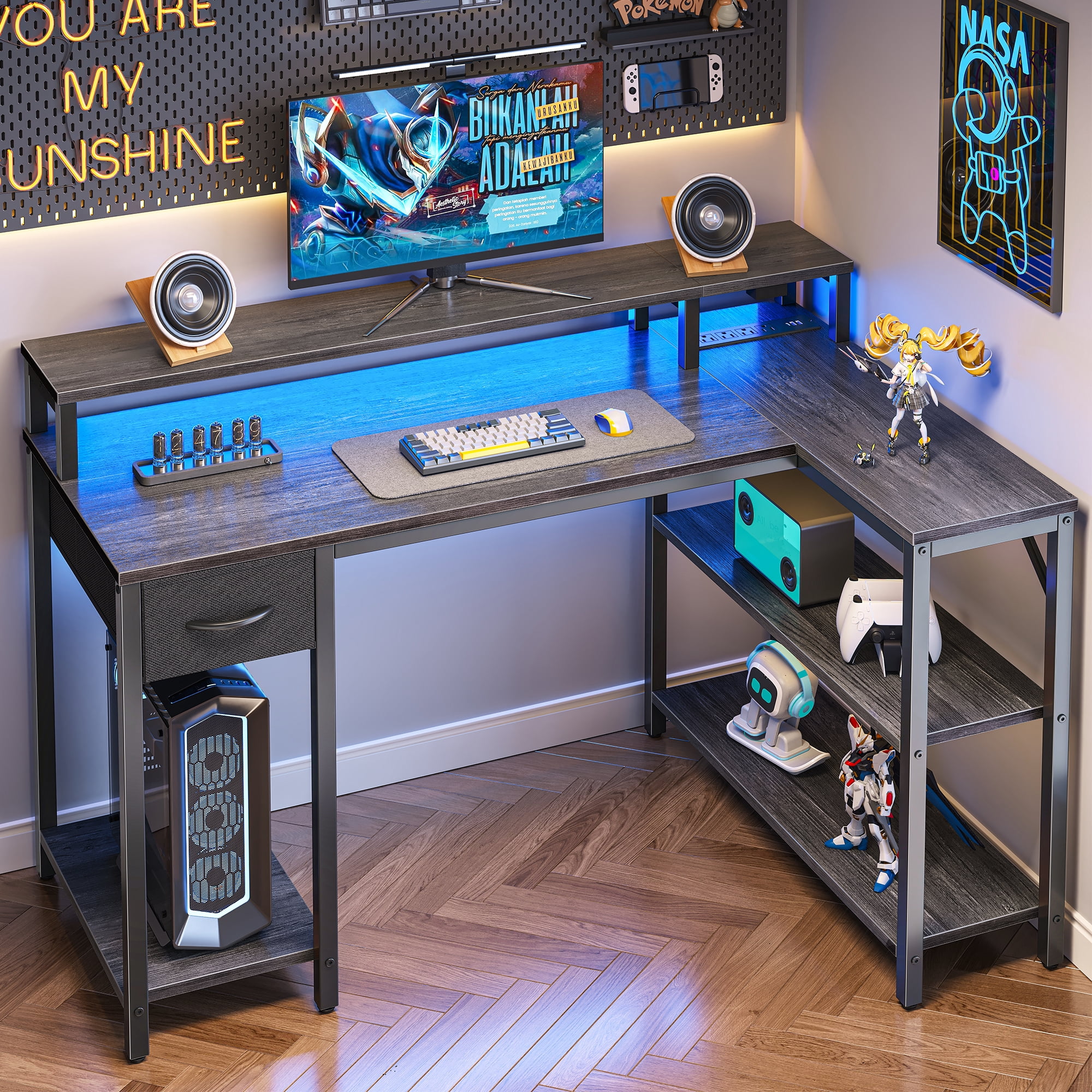 Amadwell 47 Inch L Shaped Desk with LED Strip, Corner Gaming Desk with Power Outlet, Drawer & Shelves