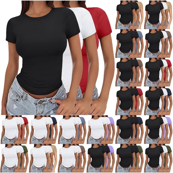 Helii Women's 3 Pack Short Sleeve Crop Tops Fitted Basic Tees Cotton Stretchy Summer Tight Crew Neck Slim Fit Solid Color T Shirts for Casual Daily Wear Layering Trendy Y2K Outfits