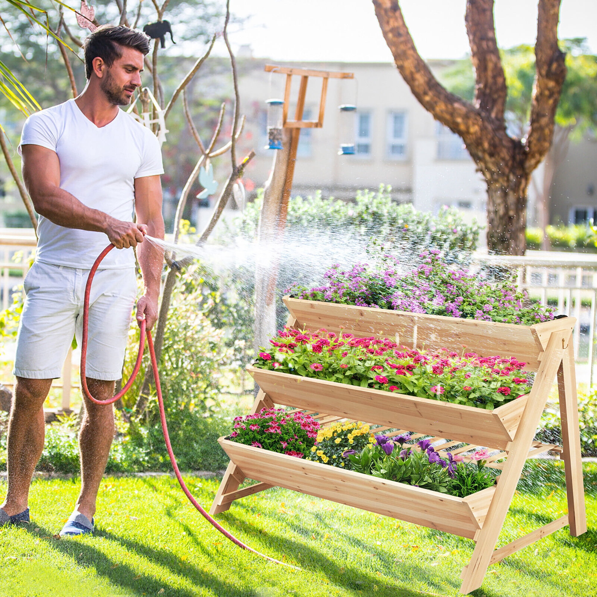 Gymax 3-tier Raised Garden Bed w/2 Side Hooks Storage Shelf Garden Planter for Flowers