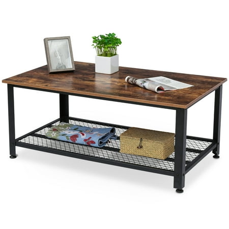 Metal Foyer Table KingSo Rustic Coffee Table Industrial Sofa Table Vintage Cocktail Wood End Table with Storage Shelf, Wood Look Accent Furniture with Metal Frame, Easy Assembly, for Living Room ()