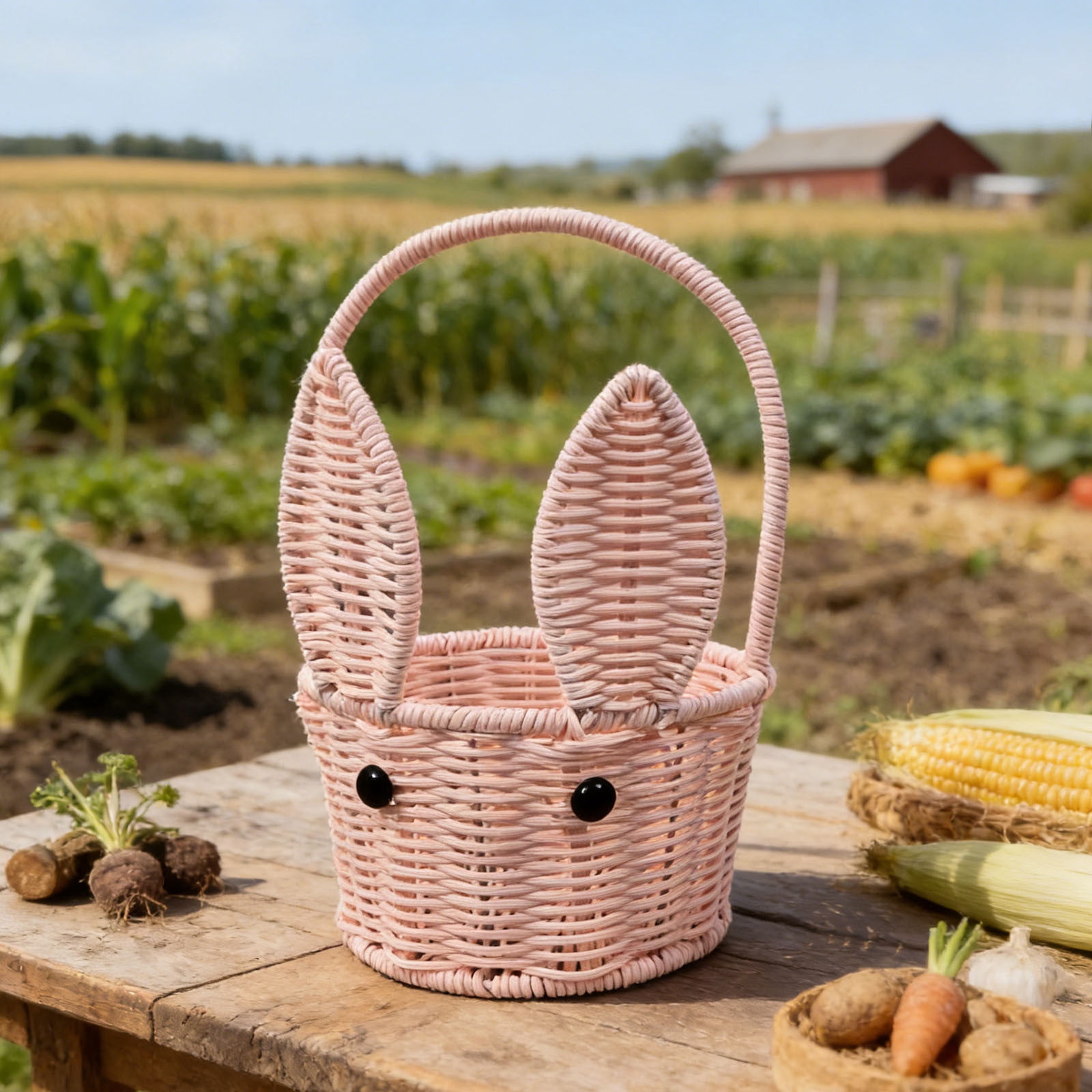 Junepar Handmade Easter Bunny Ear Woven Basket with Handle,Cute Rabbit Wicker Storage Basket, Easter Egg & Candy Holder for Egg Hunts, Picnics, Home Storage & Easter Decor