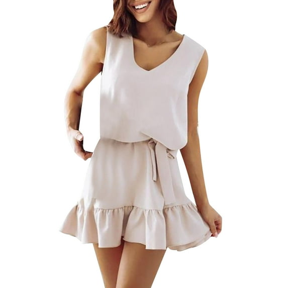 Bigersell Womens Midi Dresses Fashion Summer Women Summer V-Neck Solid Color Ruffles Sleeveless Elastic Waist Dress with Blet Women Bodycon Dress Style 10739, Female Extra long Dresses Khaki L