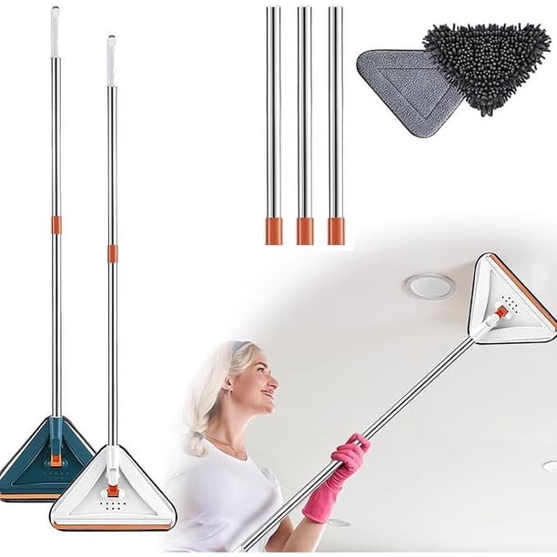 Fregona limpiadora de paredes con mango largo | Cabeza triangular giratoria de 360° | Almohadillas de microfibra para suelos, paredes, techos, zócalos, ventanas | Juego de postes de extensión de