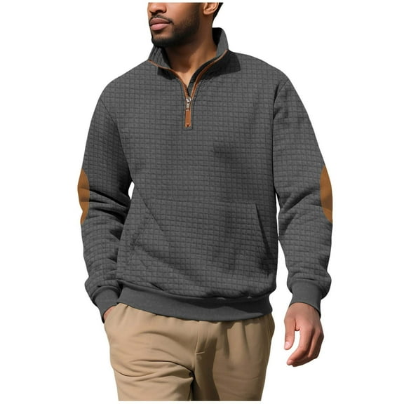 Mens Sweatshirt Under $10 Mens Quarter Zip Up Sweatshirts Quilted Waffle Long Sleeve Lapel Pullovers Solid Color Casual Sweater with Pocket