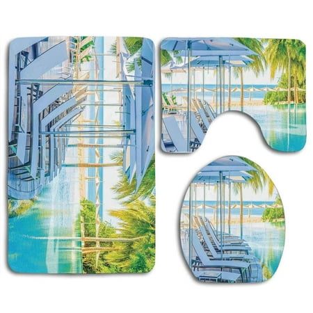 CHAPLLE House Luxury Hotel Pool Near Beach Palm Trees Exotic Resort Umbrella Sunbed Chair 3 Piece Bathroom Rugs Set Bath Rug Contour Mat and Toilet Lid