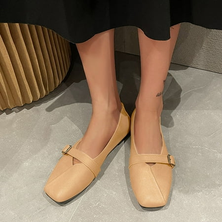 

dmqupv Womens Casual Slip on Shoes Print Ladies Fashion Solid Color Leather Belt Buckle Shallow Soft Women Slingback Khaki 7.5