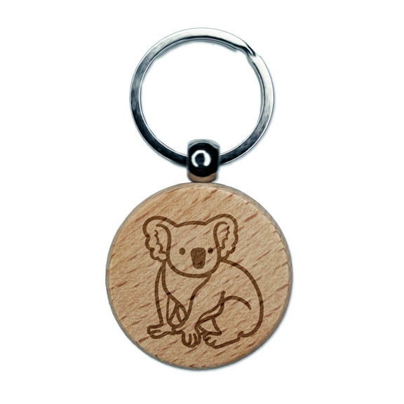 Koala Bear Sitting Round Keychain Charm Tag - Engraved Wood