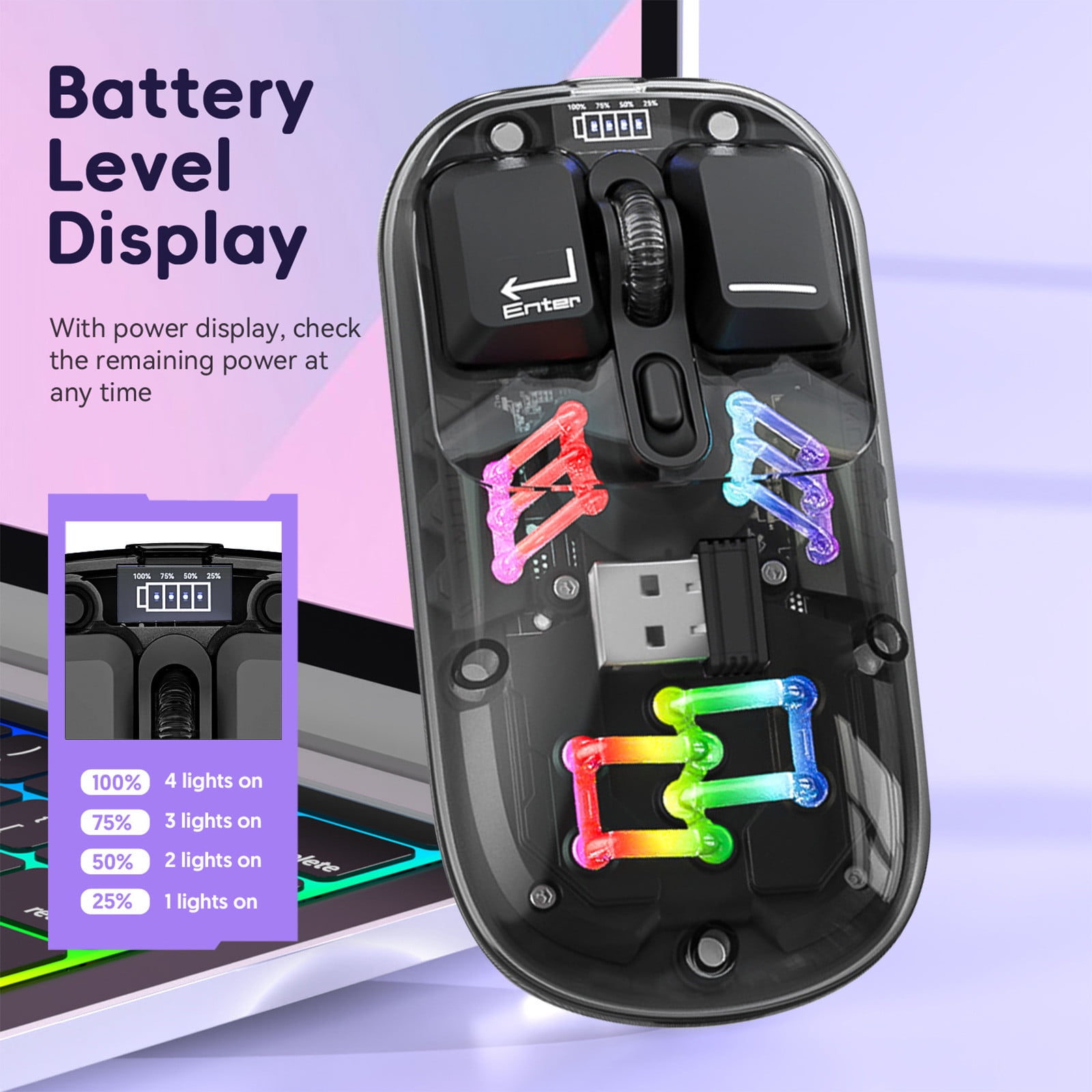 SPOORYYO Transparent Wireless Mouse with Dual 2.4G/Bluetooth 5.0 Connection, RGB Backlight, and Type-C Rechargeable - High-Capacity Battery and Precision Sensor for Office and Gaming