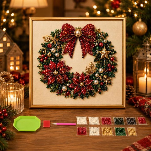 DIY Christmas Pearl Diamond Painting Art Kit with Frame (#C) | 3D Pearl Bead Craft for Beginners | Pre Framed Holiday Wall Decor