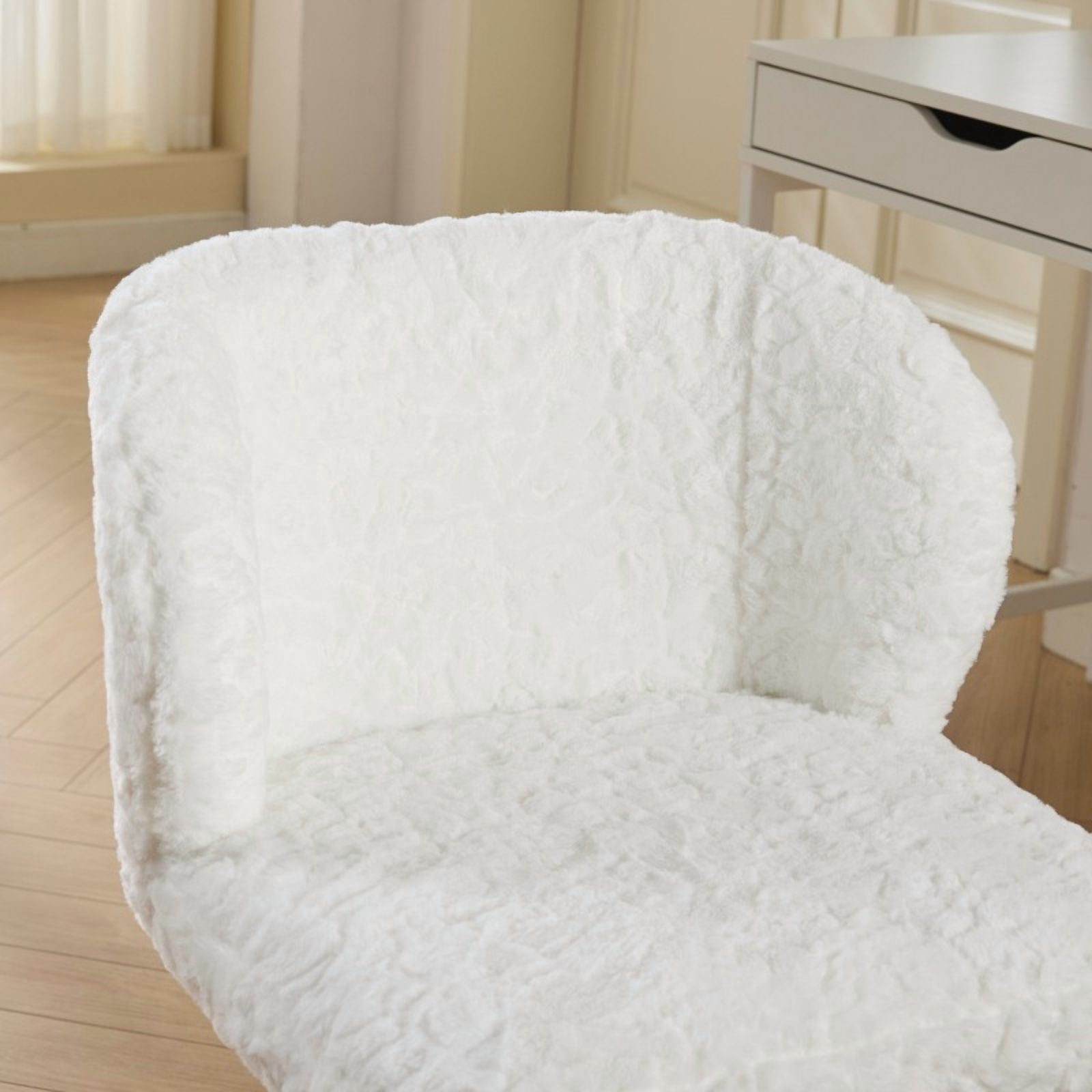 White Fuzzy Desk Chair with Wheels, Fluffy Vanity Chair for Women & Teens, Faux Fur Swivel Makeup Chair, Adjustable Height for Bedroom Small Space