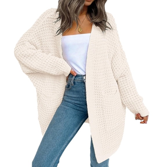 Yokua Women's Open Front Waffle Knit Cardigan Chunky Knit Sweater Long Sleeve Cozy Knit Outerwear Cute Baggy Coats Warm Tops