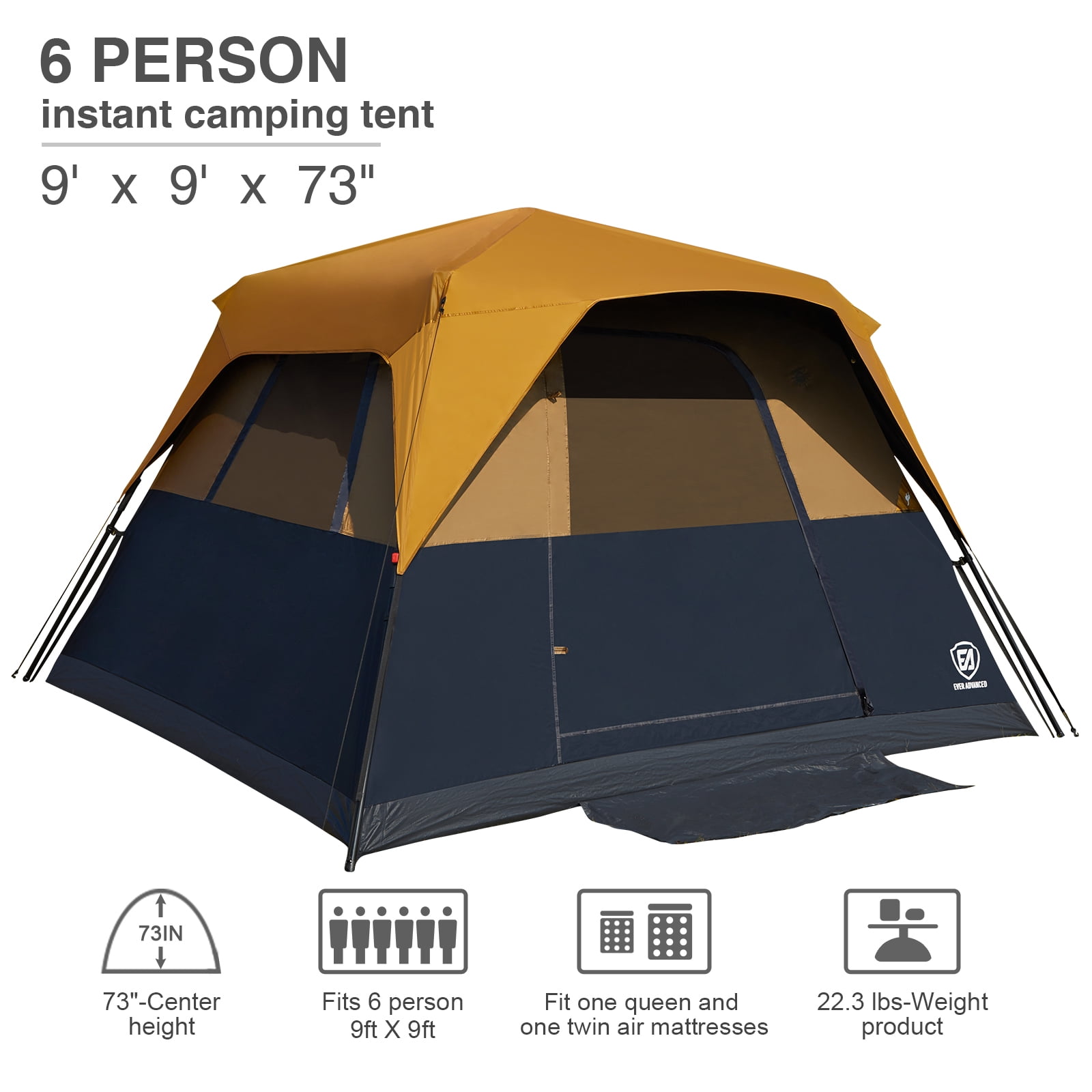 Blackout Camping Tent for 6 Person, Instant Cabin Tents with Rainfly, Quick Setup Design, Water-Resistant, Orange