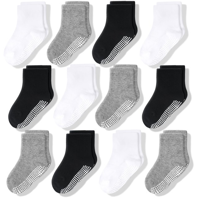 CozyWay Calcetines con pinzas para bebés y niños pequeños - 3T-5T Negro Blanco Gris Crew Paquete de 12 - Algodón suave antideslizante - Calcetines para niños y niñas pequeños