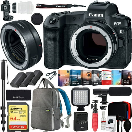 Canon EOS R Full-Frame Mirrorless Digital Camera (Body Only) with Canon Mount Adapter EF-EOS R 2971C002 and Deco Gear Backpack 2x Extra Batteries Cleaning Kit Case Microphone
