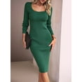 thumbnail image 4 of Women 2025 Summer Ribbed Short Sleeve Bodycon Maxi Dress Side Slit Knit Square Neck Long Sundress Green S, 4 of 7