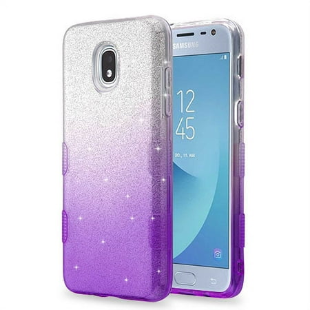 Samsung Galaxy J3 V /J3 3rd Gen /Galaxy Express Prime 3 Glitter Stylish Design Hybrid Rubber TPU Hard PC Shockproof Armor Rugged Phone Case Cover [ Purple Silver ]