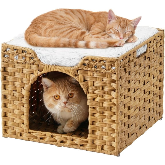 Cat Beds Indoor Kitten House, Handwoven Rattan Cat Cave Pet Cube, Large Cat Houses, One Bed Mat, Foldable, Hideaway, 16.5x16.5x13.2 Inches, 2 S-Shaped Hooks in Living Room Bedroom Natural