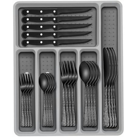49-Piece Black Silverware Set with Organizer, Food-Grade Stainless Steel Black Flatware for 8, Cutlery Utensil Sets with Steak Knives, Rust-proof, Mirror Polished, Dishwasher Safe, Tree Pattern