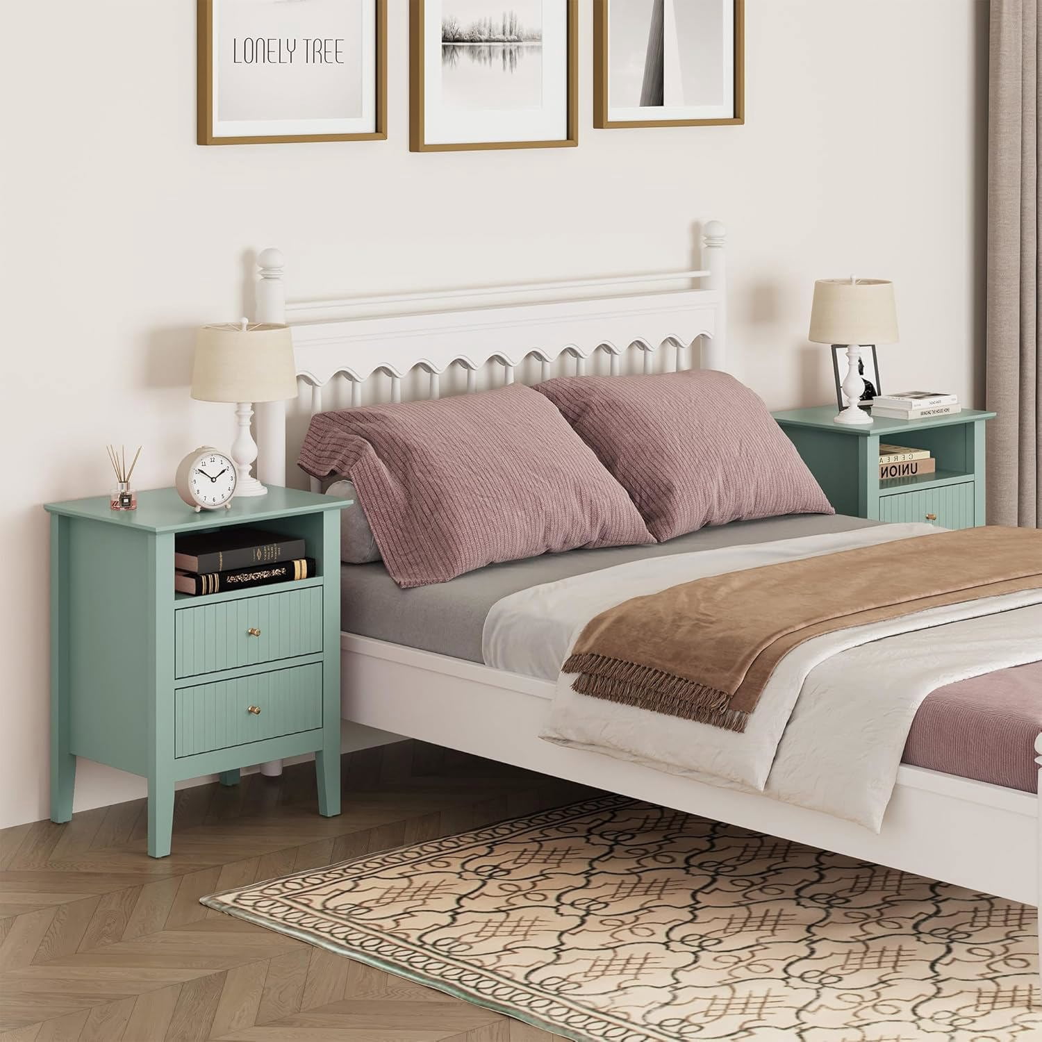 Hommoo 18"W Wooden Fluted Nightstand Set of 2,with 2 Drawers & Open Shelf, Modern Bedroom Sofa Side Table, Green