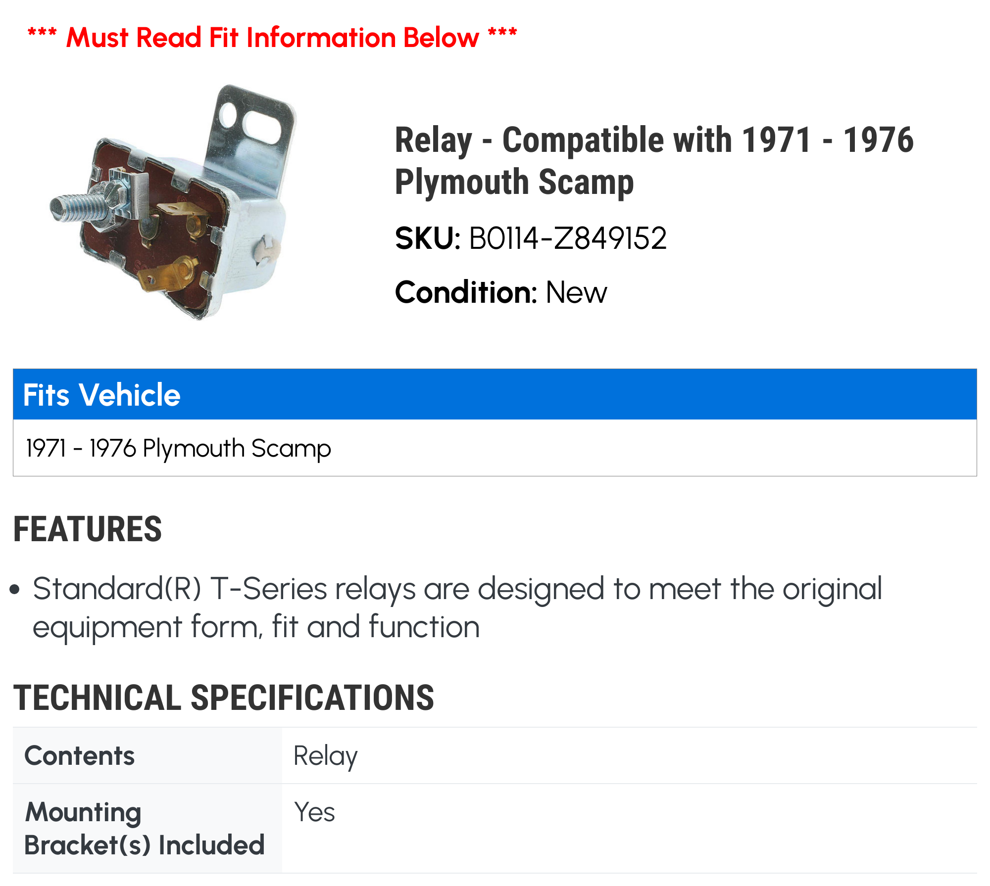 Relay - Compatible with 1971 - 1976 Plymouth Scamp 1972 1973 1974 1975