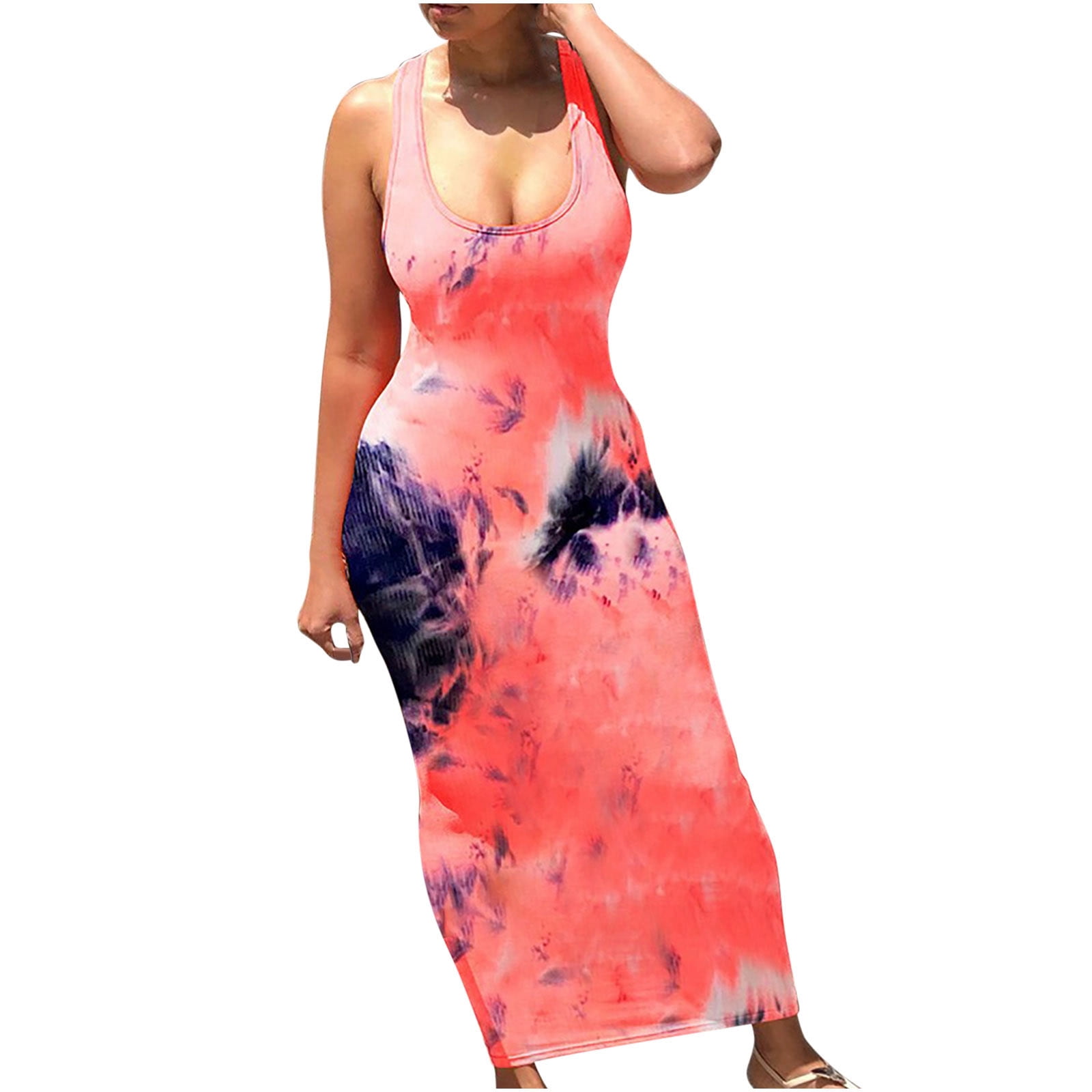 Womens Fashion Sleeveless Backless Tie Dyed Printing Casual Party Club  Bodycon Maxi Dresses Summer Scoop Neck Long Dress - Walmart.com