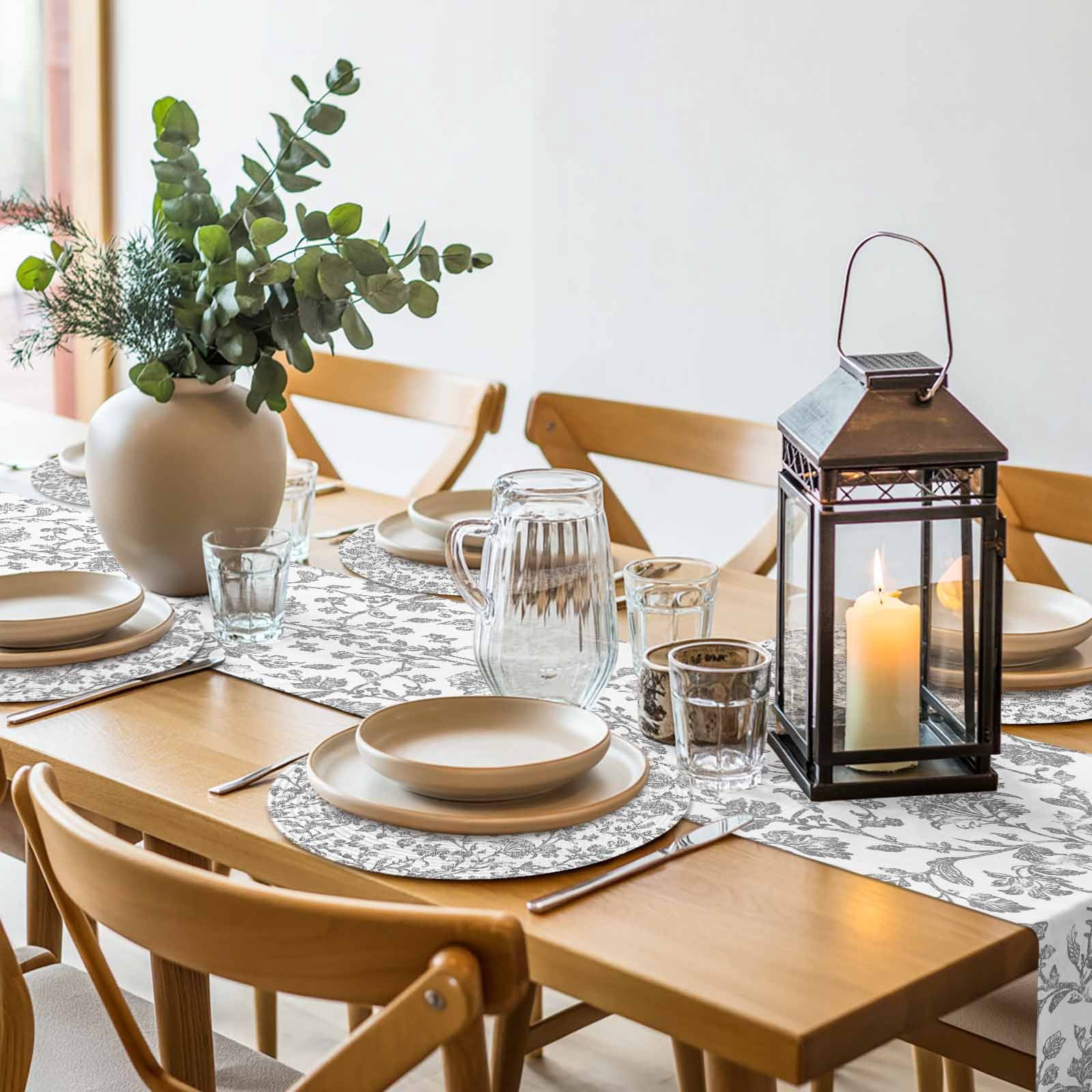 Grey Flower Round 13 Inch Placemats Set of 8, Vintage Farmhouse Boho Leaf Spring Plant HeatResistant Non Slip Place Mats for Dining Table, Wipeable Braided Kitchen Table Mats for Housewarming