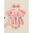 thumbnail image 3 of Musuos Newborn Girl Summer Outfit, 0-18Months Short Sleeve Crewneck Flower Print Bodysuit with Bowknot Headband 3PCS Clothes Set, 3 of 9