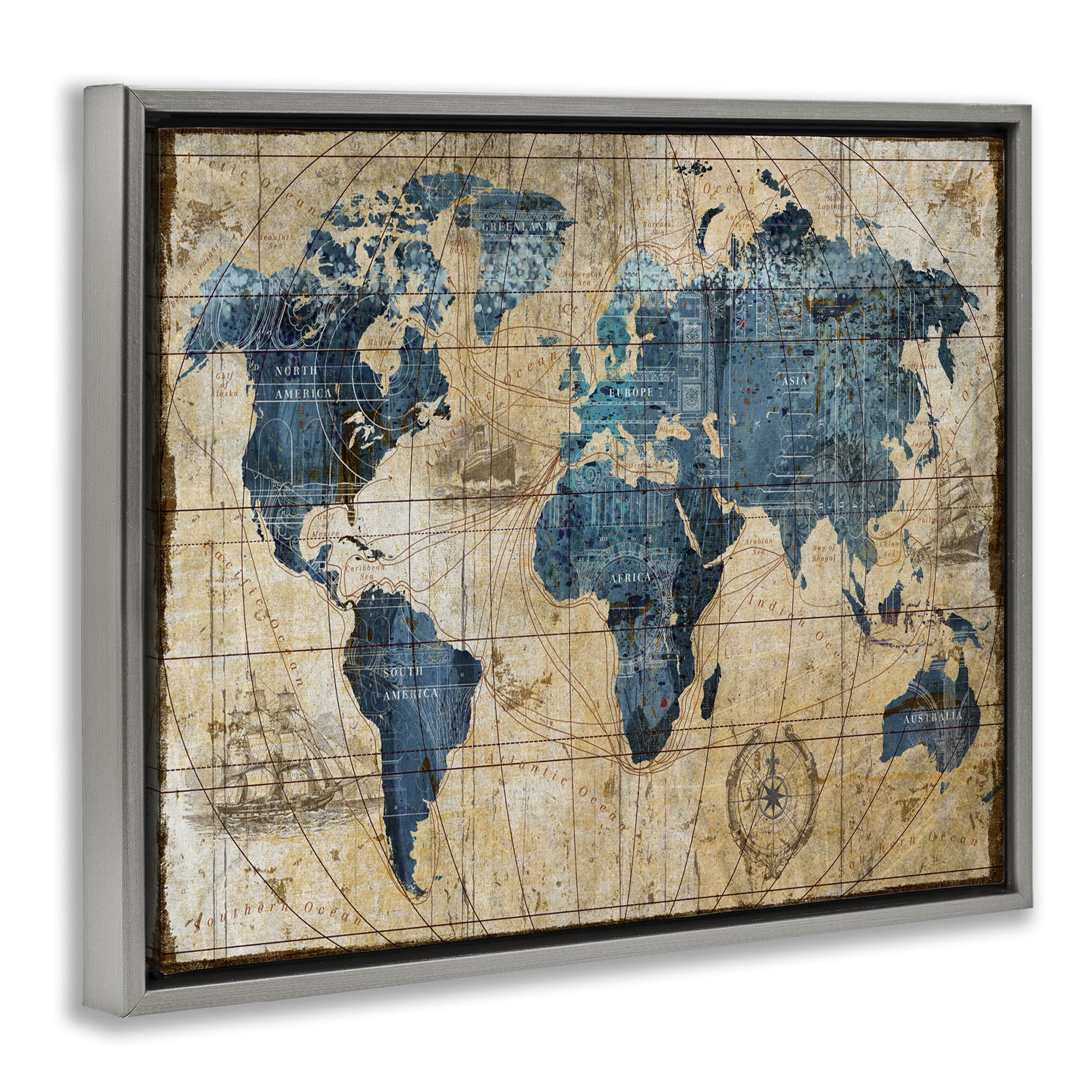 Stupell Industries Vintage Abstract World Map Design Luster Gray Framed Floating Canvas Wall Art, 24x30, by Art Licensing Studio