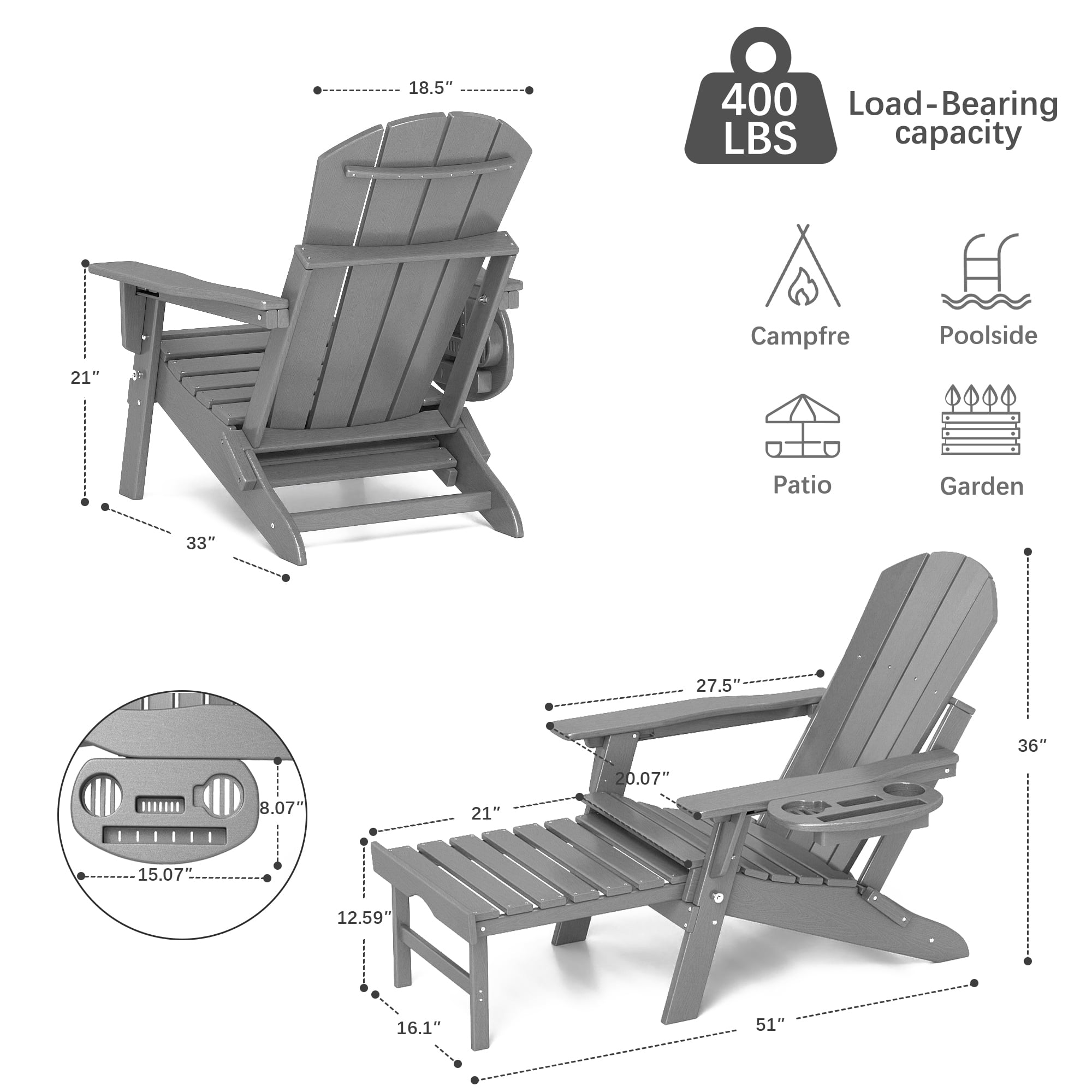 2PCS Folding Adirondack Chair with Retractable Ottoman, HDPE All-Weather Resistant Adjustable Backrest Adirondack Chair w/4 in 1 Cup Holder Trays, Wood Texture Grey