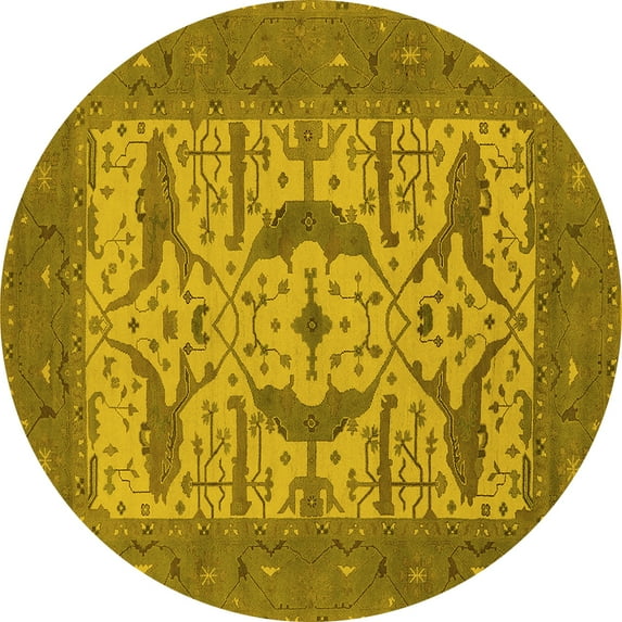 Ahgly Company Machine Washable Indoor Round Oriental Yellow Industrial Area Rugs, 8' Round