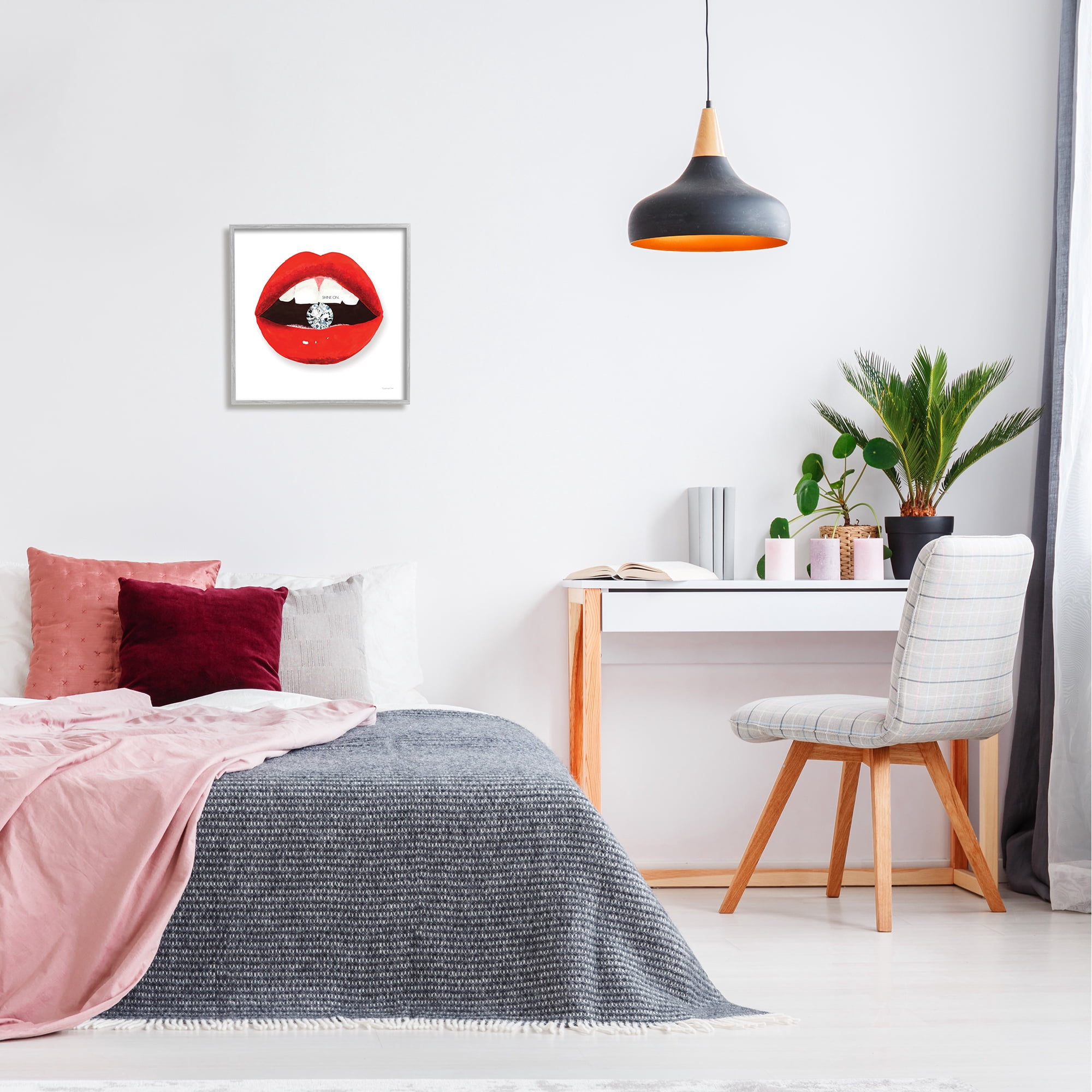 Stupell Industries Shine on Red Lips Typography Painting Gray Framed Art Print Wall Art, 17 x 17