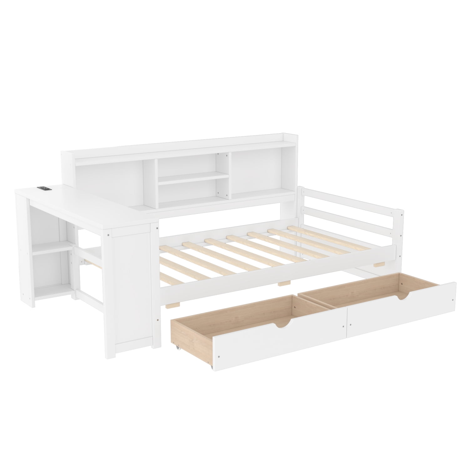Leumius Twin Size Corner Bed with Desk and Storage Bookcase,Modern Daybed with 2 Drawers,Twin Size Wood Bed Frame with Charging Station,White