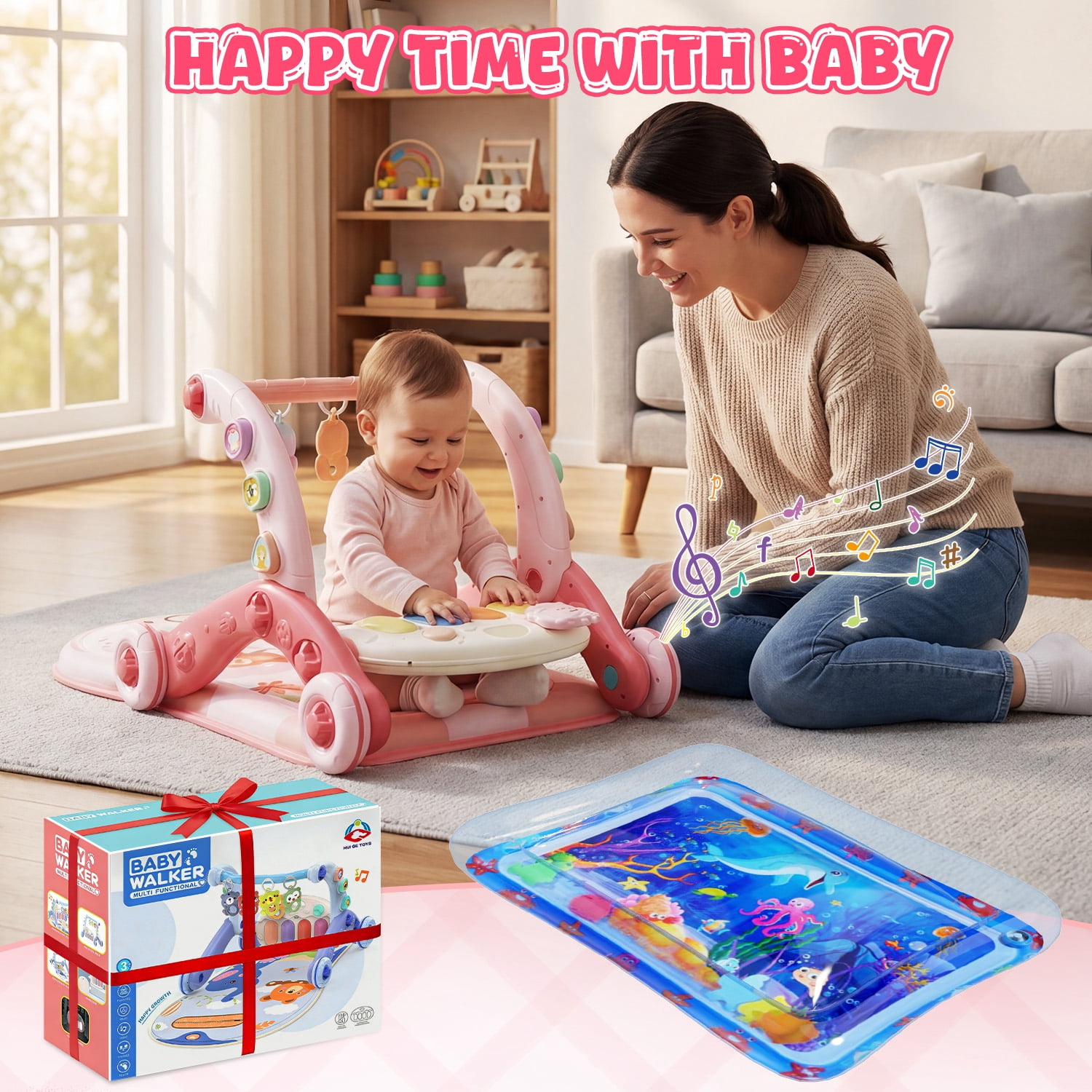 WonderStone 6-in-1 Baby Gym Play Mat, Activity Center Walker with Water Mat, 5 Infant Toys & Portable Musical Piano Panel for Babies 0–12 Months, Pink