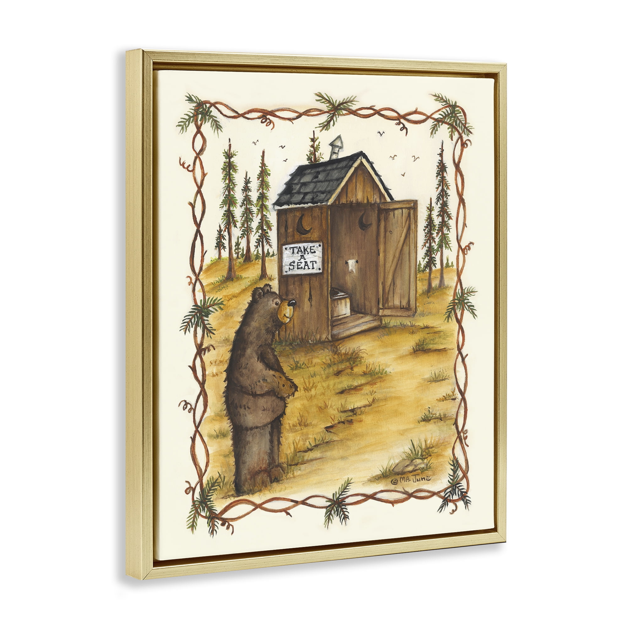 Stupell Industries Take A Seat Outhouse Animals & Insects Painting Gold Floater Framed Art Print Wall Art, 17 x 21