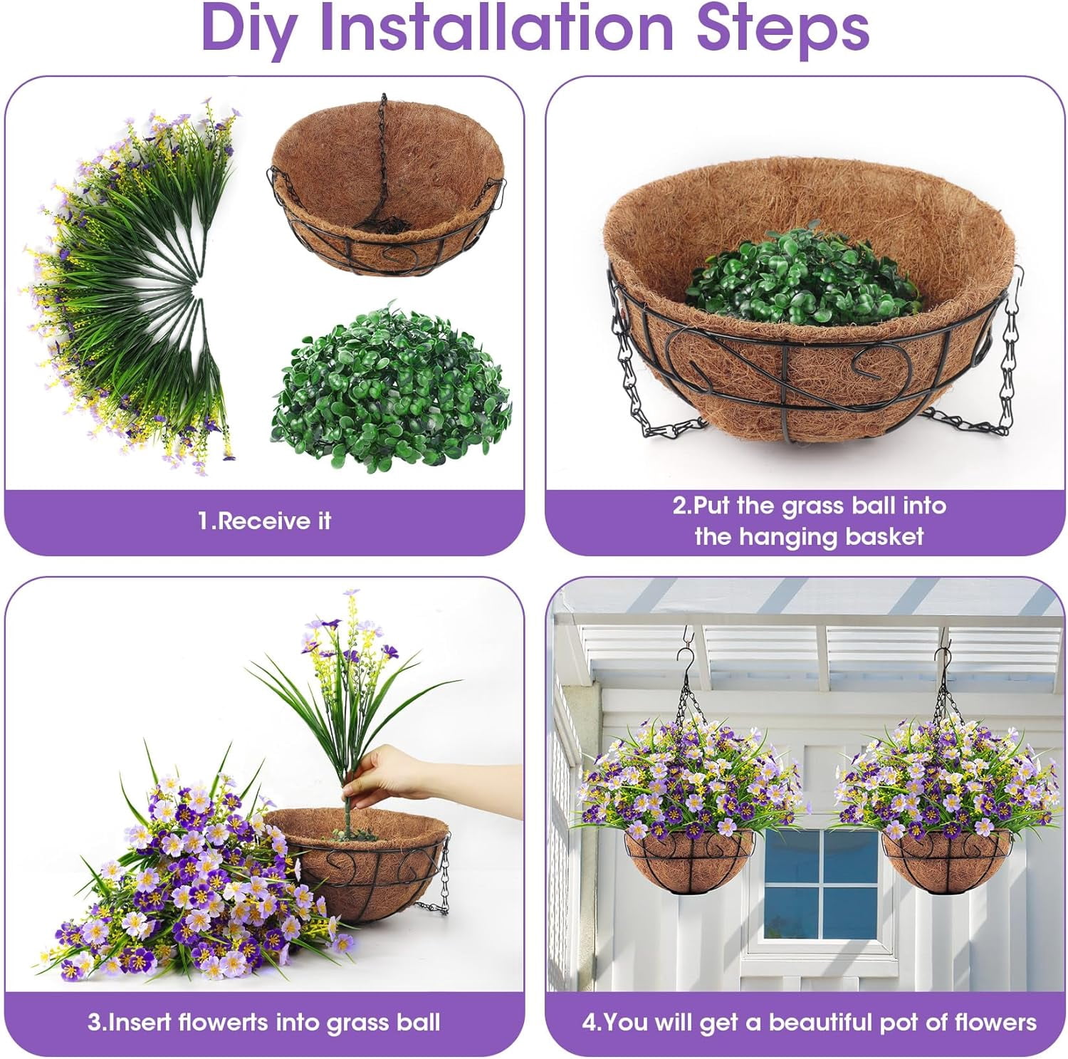 Artificial Hanging Flowers with Basket, Faux Silk Flowers in Coconut Lining Basket, Fake Hanging Plants for Outdoors Indoors Garden Patio Yard Porch Lawn, Purple