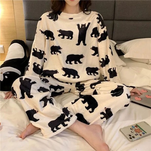 Conjunto de pijama grueso de franela cálida para mujer, ropa de dormir de manga larga de Coral, traje de dormir coreano Kawaii, ropa de dormir para niñas, ropa de casa de invierno, 2 piezas