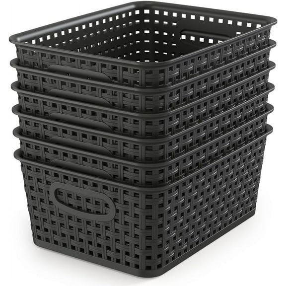 Woven Storage Organizer Basket, 6-Pack Black Plastic Weave Baskets, 10.1 x 7.55 x 4.1