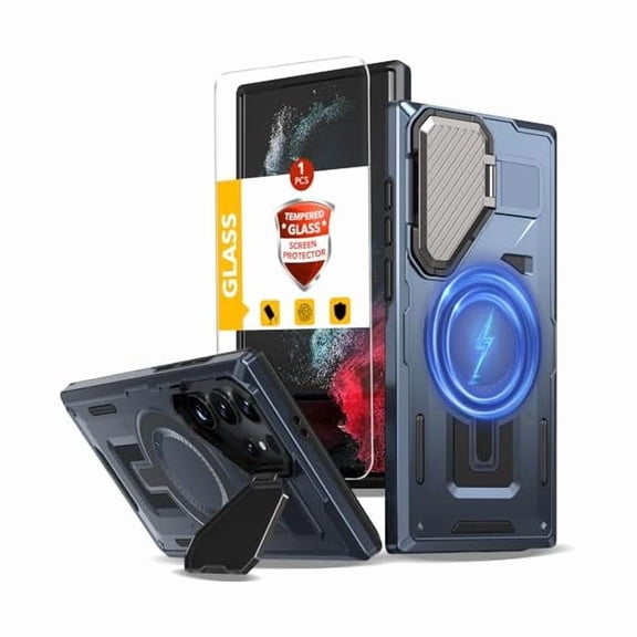 Saluqifa for Samsung Galaxy S22 Ultra Case Magnetic[Compatible with MagSafe Support Wireless Charger] Built-in Camera Cover Kickstand with Screen Protector,Full-Body Heavy Duty Protection Phone Blue