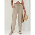 thumbnail image 5 of Women'S Linen Pants with Drawstring Petite Summer Beachwear Elastic Waist Pants Khaki M, 5 of 8