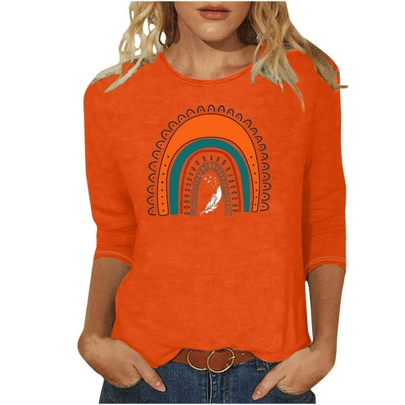 Orange Shirts for Women T-Shirts for Women Ladies' Orange Shirt Japanese Fashion Printed Round Neck 3/4 Sleeve T-Shirt Loose Top Womens Fashion Tops Wear Orange T-Shirt