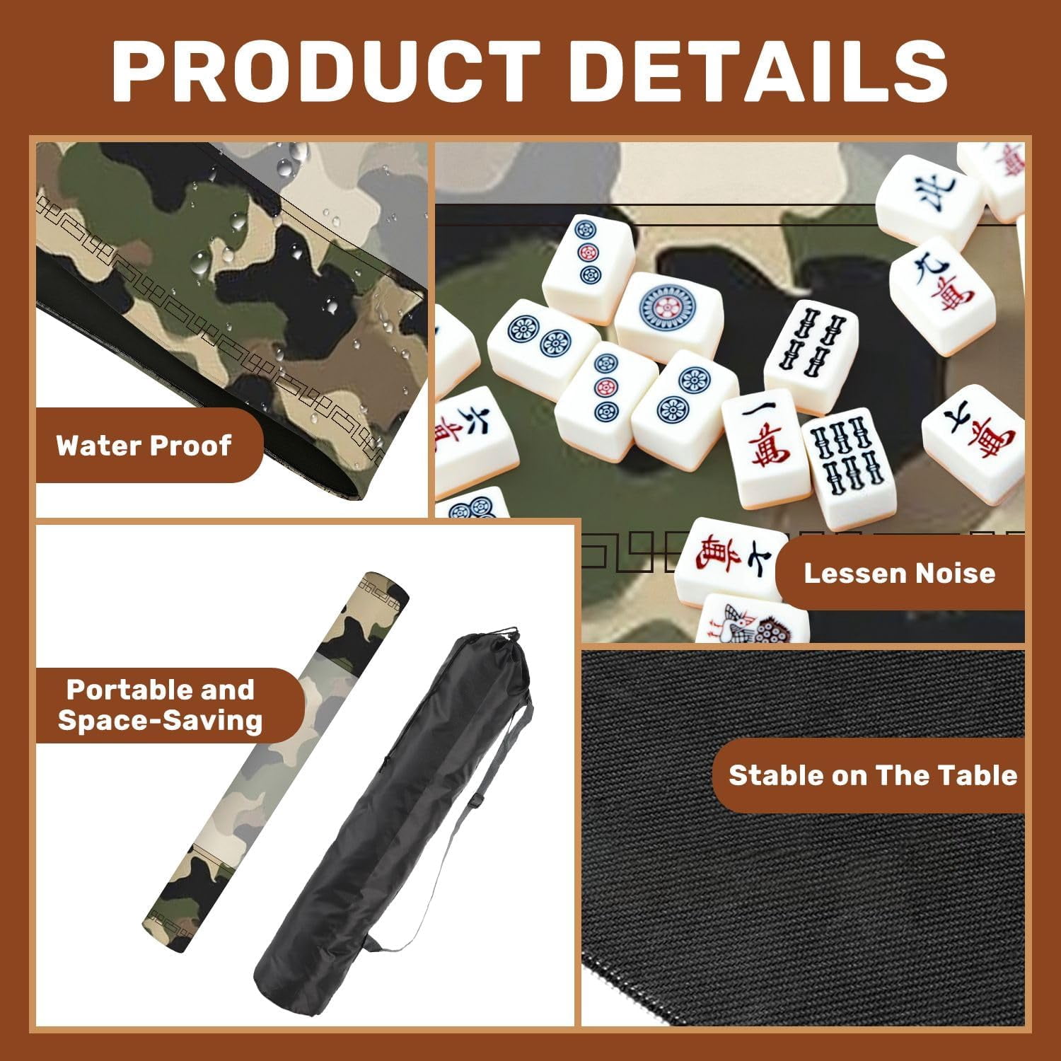 Mahjong Mat 31.5" x 31.5" Texture Military Camouflage Seamless Abstract Hunting Non-Slip Noise Reduction Mahjong Tiles Table Cover for Dominoes Poker Card Board and Tile Games
