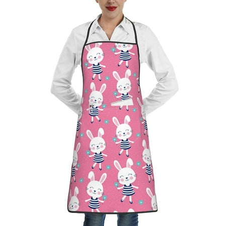 

Qekee Rabbit Holding Flowers Print Adjustable Bib Apron Resistant with Pocket Cooking Kitchen Aprons for Women Men Server Chef Apron