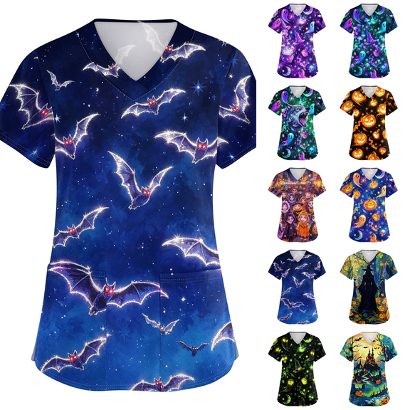Halloween Scrubs for Women Witch Print Short Sleeve V-Neck Uniform with Pockets