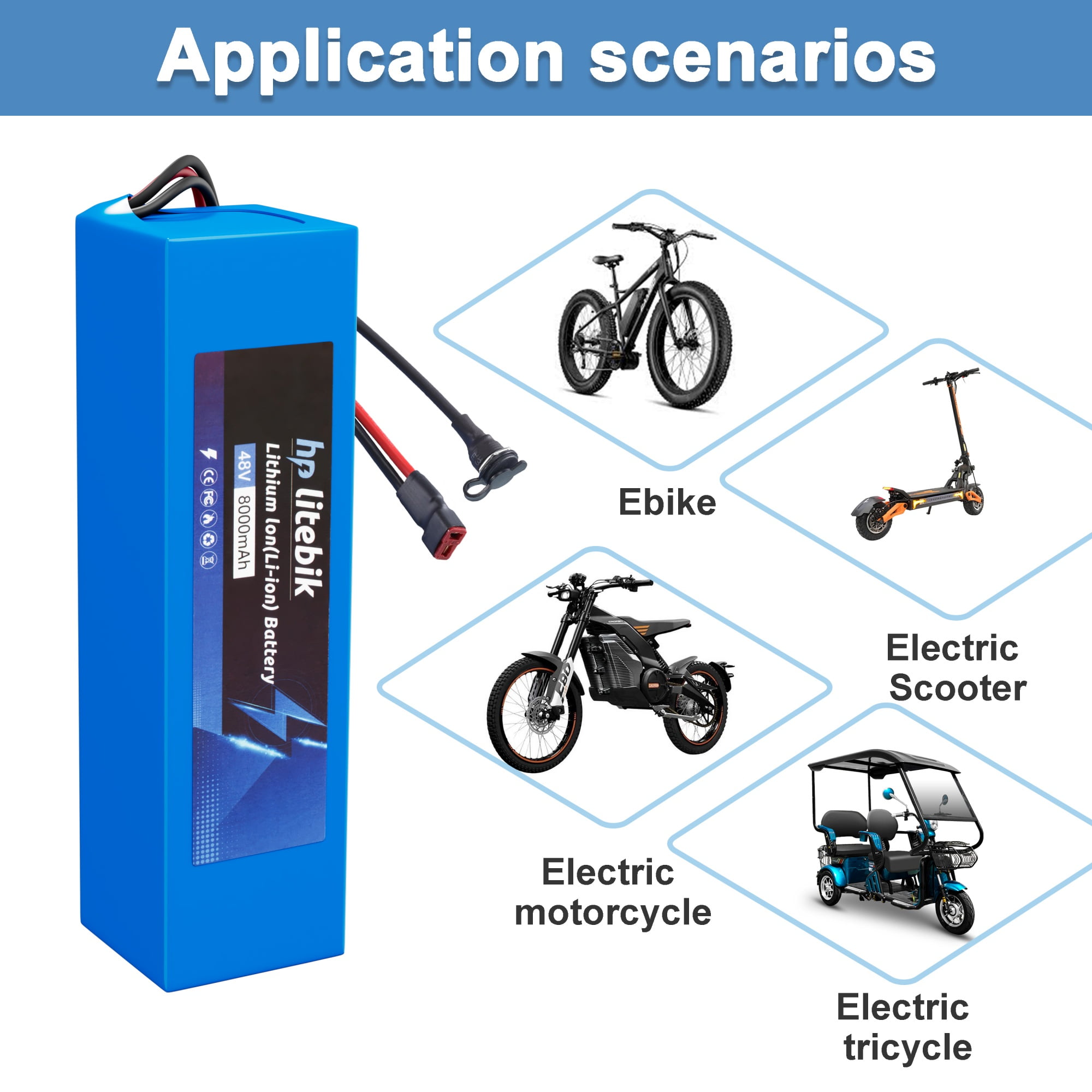 48V 8Ah Battery 48V Lithium-ion Ebike Battery 750W with BMS Compatible for Adult Electric Bikes Motors