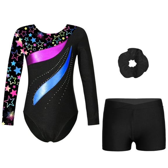 Aislor Kids Girls Printed Patchwork Long Sleeve Gymnastic Leotard Biketard Unitard with Shorts Hair A Star Black 10